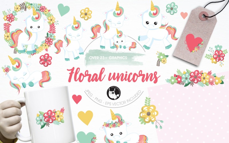 Blumen-Einhorn-Illustrationspaket - Vektorbild