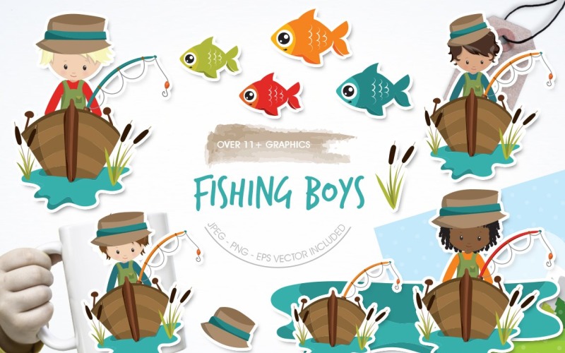Download Vector "Fishing Boys - Vector Image" / Fishing Boys - Vector Image - Vector на тему графика scrapbook,scrapbooking,clipart,clip art,fish,boat,fishing,prettygrafik,hats,boys,vector art,fishing boys
