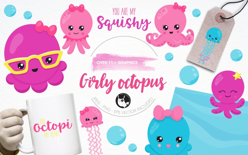 Download Vector "Girl octopus illustration pack - Vector Image" / Girl octopus illustration pack - Vector Image - Vector на тему графика illustration,vector,graphics,clipart,clip art,glasses,bubbles,icons,girl,ocean,eps,jellyfish,sea creatures,octopus,prettygrafik,kraken
