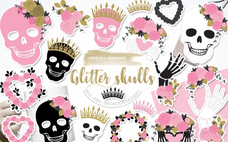 Download Vector "Glitter Skulls - Vector Image" / Glitter Skulls - Vector Image - Vector на тему графика vector,clipart,clip art,skull,crown,prettygrafik,florals,skull clipart,glitter clipart,floral skull,skulls with crown