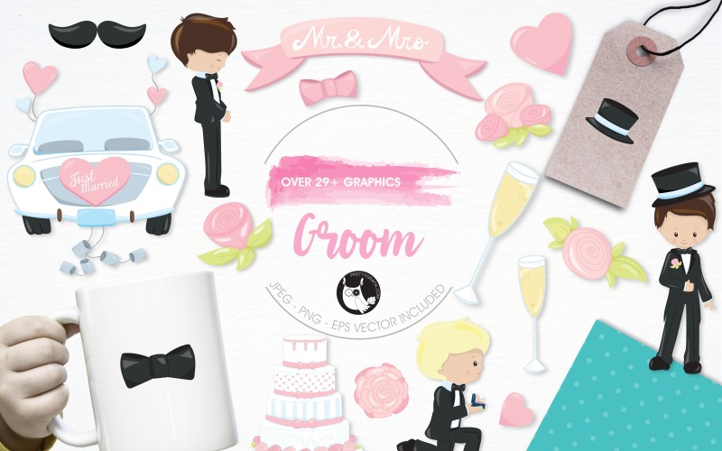 Download Vector "Groom illustration pack - Vector Image" / Groom illustration pack - Vector Image - Vector на тему графика wedding,illustration,heart,vector,graphics,clipart,clip art,cake,icons,rose,bow tie,eps,proposal,champagne,just married,prettygrafik,groom,top hat