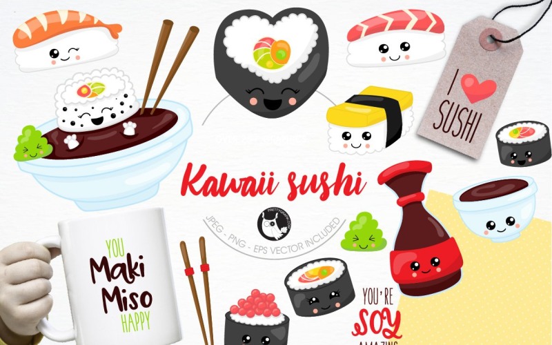 Download Vector "Kawaii sushi illustration pack - Vector Image" / Kawaii sushi illustration pack - Vector Image - Vector на тему графика illustration,food,vector,graphics,clipart,clip art,icons,kawaii,fish,eps,rice,wasabi,sushi,maki,prettygrafik,soy,miso,rice bowl