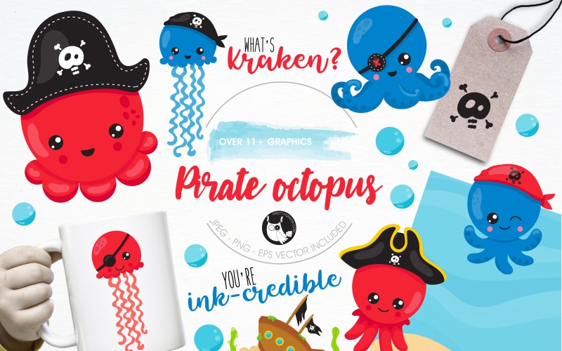 Набор иллюстраций пиратского осьминога - векторное изображение