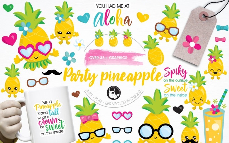 Download Vector "Pineapple party illustration pack - Vector Image" / Pineapple party illustration pack - Vector Image - Vector на тему графика illustration,vector,graphics,clipart,clip art,icons,kawaii,fruit,pineapple,beverage,eps,cocktail,prettygrafik
