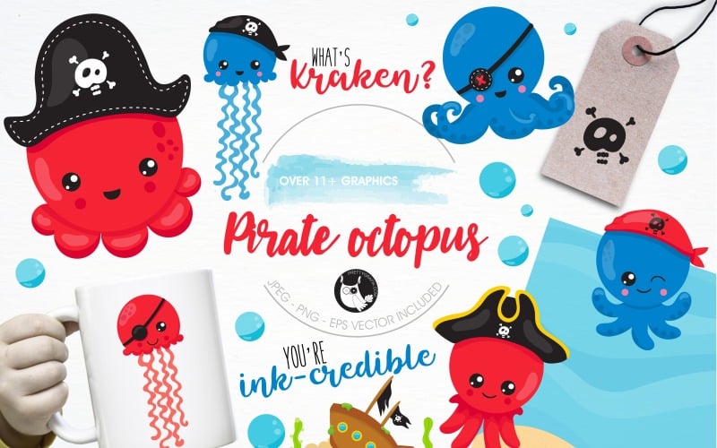 Download Vector "Pirate octopus illustration pack - Vector Image" / Pirate octopus illustration pack - Vector Image - Vector на тему графика illustration,vector,graphics,clipart,clip art,bubbles,icons,skull,ocean,eps,jellyfish,pirate,octopus,prettygrafik,pirate ship,kraken