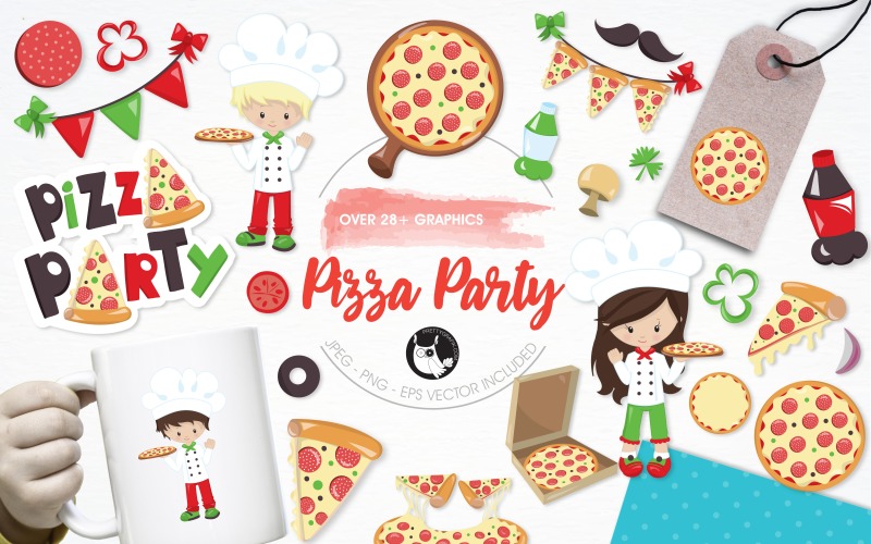Download Vector "Pizza party illustration pack - Vector Image" / Pizza party illustration pack - Vector Image - Vector на тему графика illustration,cooking,party,vector,graphics,clipart,clip art,chef,pizza,icons,slice,eps,mushroom,prettygrafik,toppings,soda pop,peppers,onions