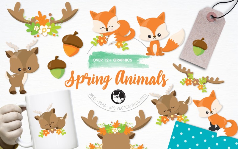 Download Vector "Spring animals illustration pack - Vector Image" / Spring animals illustration pack - Vector Image - Vector на тему графика illustration,flowers,vector,graphics,clipart,spring,clip art,animals,icons,reindeer,acorn,eps,fox,prettygrafik,antlers