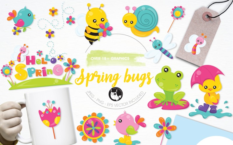 Download Vector "Spring bugs illustration pack - Vector Image" / Spring bugs illustration pack - Vector Image - Vector на тему графика illustration,flowers,vector,chick,graphics,clipart,spring,clip art,icons,rain,butterfly,bird,bee,eps,umbrella,prettygrafik,frog,dragonfly,bugs,snail