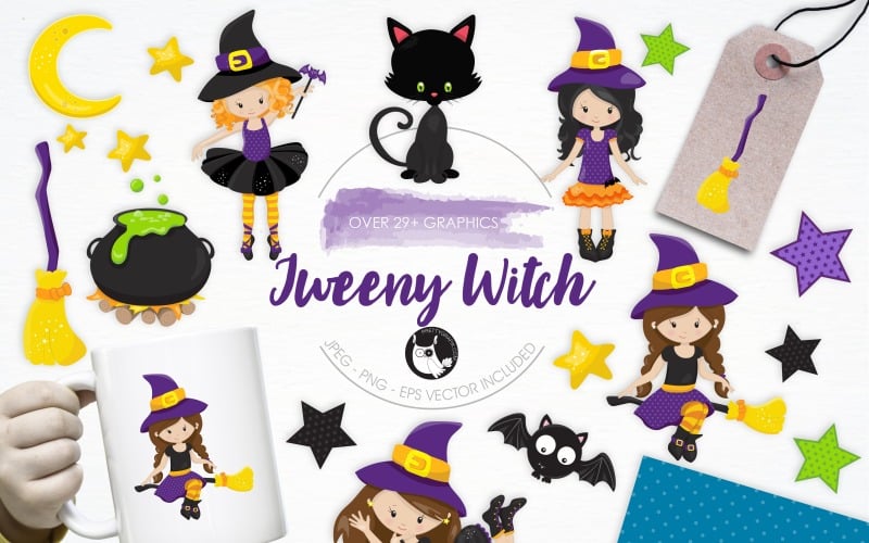 Download Vector "Tweeny Witch illustration pack - Vector Image" / Tweeny Witch illustration pack - Vector Image - Vector на тему графика art,graphics,halloween,witch,cat,costume,trick or treat,prettygrafik,tweeny,tweeny witch