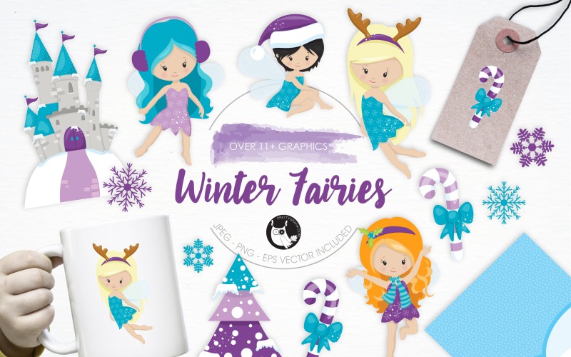 Download Vector "Winter Fairies illustration pack - Vector Image" / Winter Fairies illustration pack - Vector Image - Vector на тему графика illustration,winter,vector,graphics,clipart,clip art,snow,icon,christmas tree,castle,eps,prettygrafik,girls,fairies,winter fairies