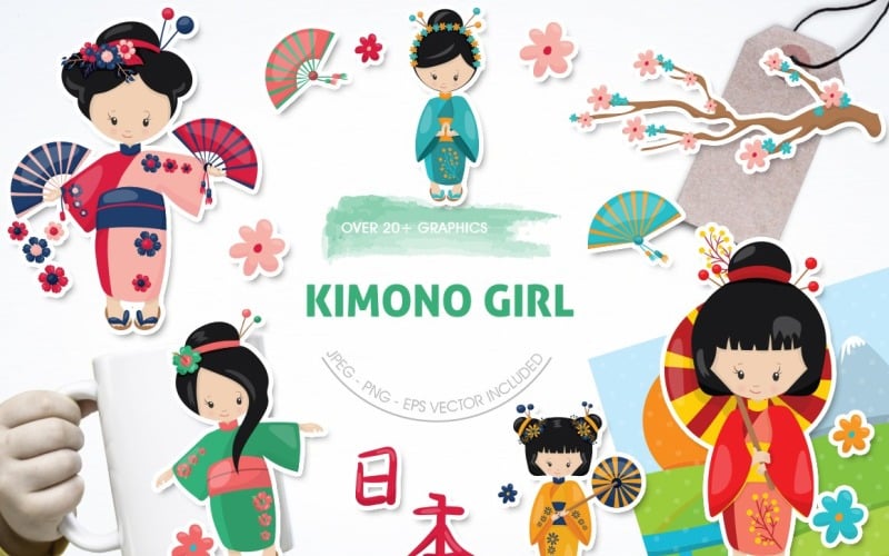 Download Vector "Kimono Girl - Vector Image" / Kimono Girl - Vector Image - Vector на тему графика scrapbook,scrapbooking,clipart,clip art,girl,kawaii,japanese,umbrella,prettygrafik,vector art,kimono,japanese girls