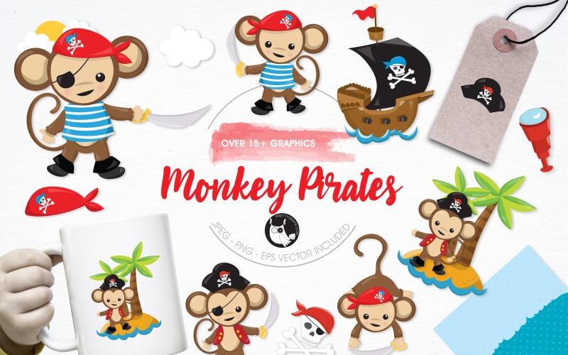 Download Vector "Monkey pirates illustration pack - Vector Image" / Monkey pirates illustration pack - Vector Image - Vector на тему графика illustration,vector,graphics,clipart,island,palm tree,clip art,icons,skull,eps,captain,telescope,pirate,monkey,prettygrafik,pirate ship