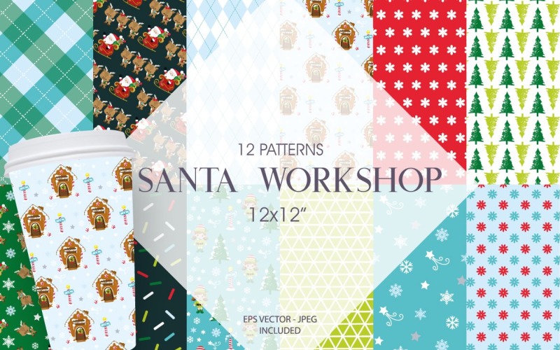 Download Vector "Santa Workshop - Vector Image" / Santa Workshop - Vector Image - Vector на тему графика elves,santa,snow,snowflakes,christmas tree,candy cane,scrapbook papers,scrapbook pages,prettygrafik,digital paper pack,instant download,digital paper,gingerbread house,christmas tree lights