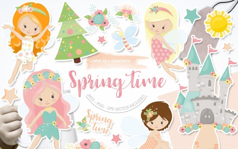 Download Vector "Spring Time - Vector Image" / Spring Time - Vector Image - Vector на тему графика flowers,sun,stars,spring,graphic,paper,castle,patterns,prettygrafik,digital paper,girls,fairies