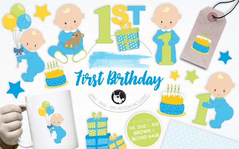 Download Vector "First Birthday illustration pack - Vector Image" / First Birthday illustration pack - Vector Image - Vector на тему графика illustration,party,vector,graphics,clipart,clip art,baby,cake,icon,birthday,gifts,eps,balloons,prettygrafik,first birthday