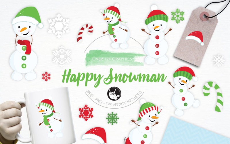 Download Vector "Happy Snowman illustration pack - Vector Image" / Happy Snowman illustration pack - Vector Image - Vector на тему графика christmas,illustration,winter,vector,graphics,clipart,clip art,snow,icon,snowflakes,snowman,eps,candy cane,prettygrafik,happy snowman