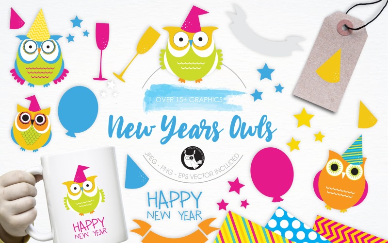 Pacchetto di illustrazione di gufi di Capodanno - immagine vettoriale