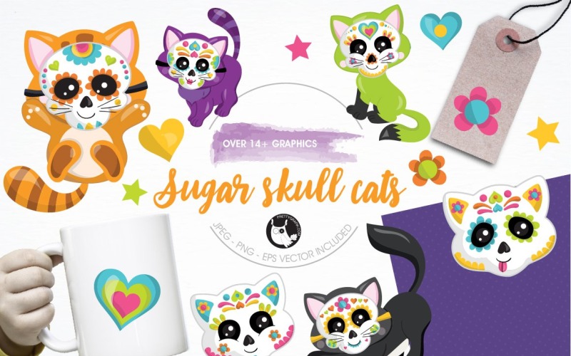 Download Vector "Sugar cats graphics &amp; illustrations - Vector Image" / Sugar cats graphics &amp; illustrations - Vector Image - Vector на тему графика illustration,vector,graphics,clipart,clip art,icons,halloween,eps,day of the dead,prettygrafik,cats,sugar skulls,dia de la muerta