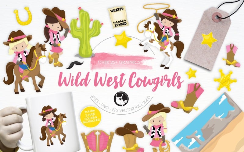 Download Vector "Wild West Cowgirls illustration pack - Vector Image" / Wild West Cowgirls illustration pack - Vector Image - Vector на тему графика illustration,vector,graphics,clipart,cactus,clip art,icon,desert,horse,eps,prettygrafik,girls,wild west cowgirls,cowgirls,wild west