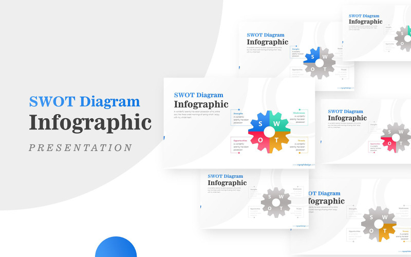 Четыре этапа Gear для SWOT-анализа Диаграмма Инфографический шаблон PowerPoint