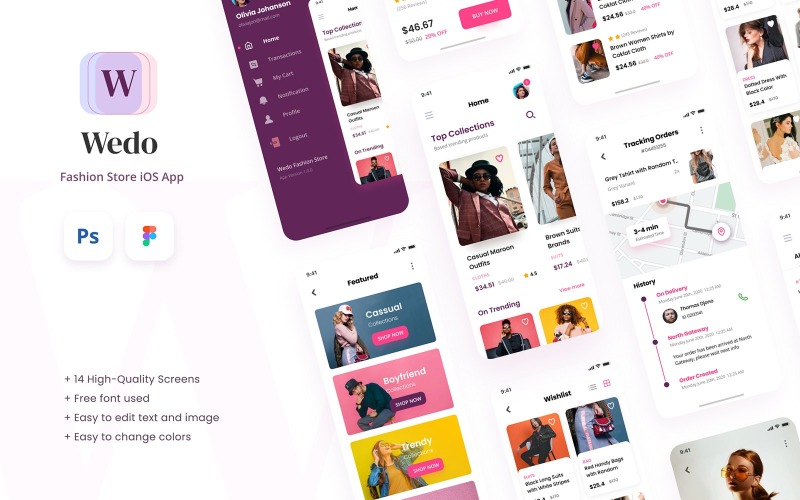 Wedo - Moda Mağazası iOS Uygulama Tasarımı Kullanıcı Arayüzü Şablonu Figma PSD