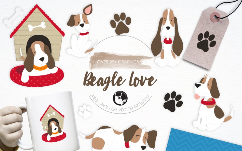 Beagle Love illüstrasyon paketi - Vektör Görüntüsü
