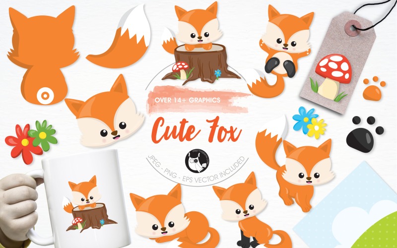 Download Vector "Cute fox illustration pack - Vector Image" / Cute fox illustration pack - Vector Image - Vector на тему графика illustration,vector,graphics,clipart,clip art,icons,animal,eps,mushroom,fox,woods,prettygrafik,paw print,stump
