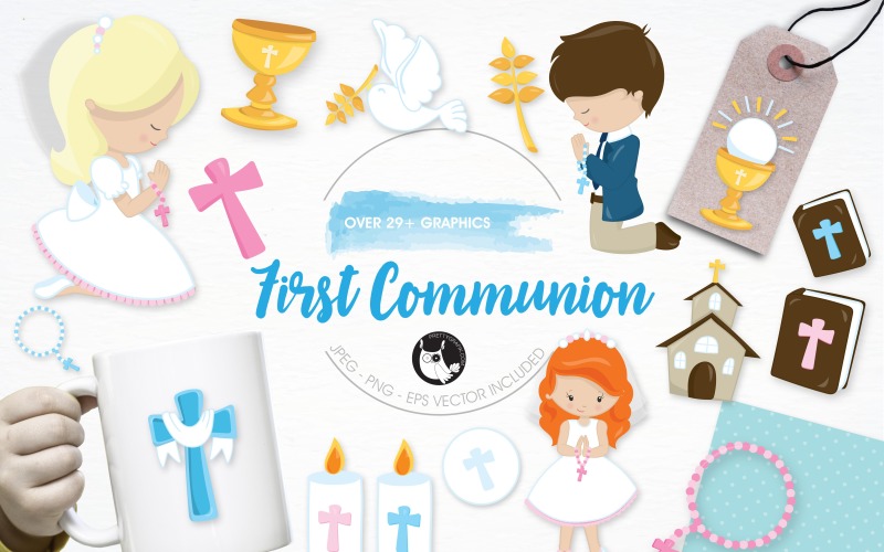 Download Vector "First communion illustration pack - Vector Image" / First communion illustration pack - Vector Image - Vector на тему графика illustration,kids,children,vector,graphics,clipart,clip art,church,christian,bible,icons,candle,cross,religion,pray,eps,prettygrafik,praying,dove,first communion,rosary,chalice