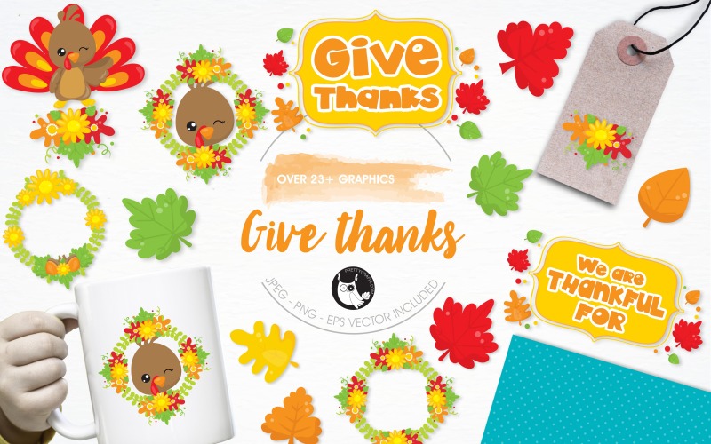 Download Vector "Give thanks illustration pack - Vector Image" / Give thanks illustration pack - Vector Image - Vector на тему графика illustration,flowers,fall,autumn,vector,graphics,clipart,clip art,leaves,icons,leaf,turkey,wreath,thanksgiving,eps,thanks,prettygrafik