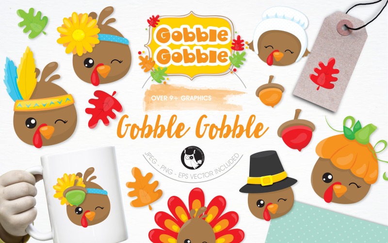 Download Vector "Gobble gobble illustration pack - Vector Image" / Gobble gobble illustration pack - Vector Image - Vector на тему графика illustration,fall,autumn,vector,graphics,clipart,clip art,leaves,icons,leaf,pumpkin,turkey,acorn,thanksgiving,eps,prettygrafik,pilgrim