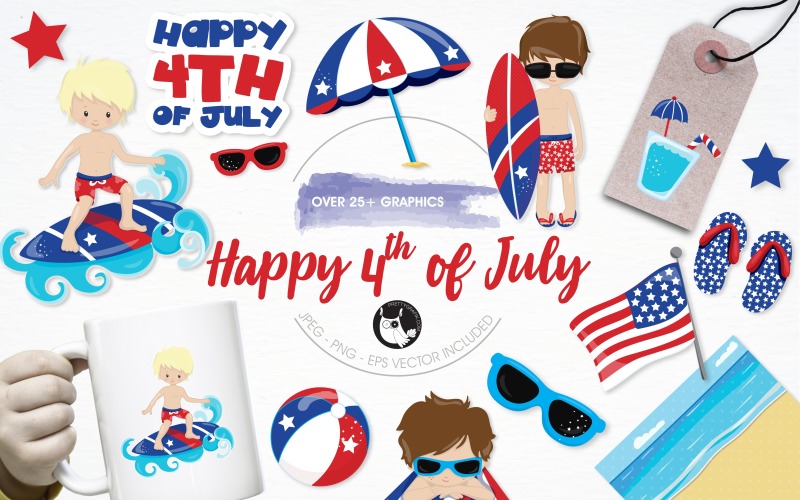 Download Vector "Happy 4th of July illustration pack - Vector Image" / Happy 4th of July illustration pack - Vector Image - Vector на тему графика illustration,summer,vector,graphics,clipart,beach,stars,clip art,icons,flag,surfing,sunglasses,american,usa,eps,prettygrafik,4th of july,independence day,beachball,parasol
