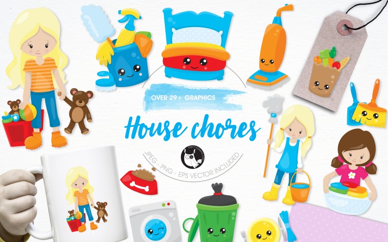 Download Vector "House chores illustration pack - Vector Image" / House chores illustration pack - Vector Image - Vector на тему графика illustration,kids,vector,graphics,clipart,clip art,garbage,laundry,icons,bucket,eps,housework,chores,prettygrafik,vacuum,mop,mopping,groceries,table setting