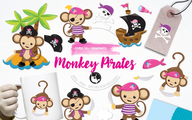 Download Vector "Monkey pirate illustration pack - Vector Image" / Monkey pirate illustration pack - Vector Image - Vector на тему графика illustration,vector,graphics,clipart,island,palm tree,clip art,icons,skull,ship,eps,telescope,pirate,monkey,prettygrafik,sword