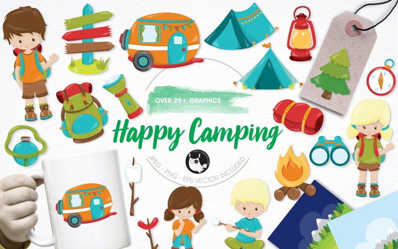 Pack d'illustration de camping heureux - Image vectorielle