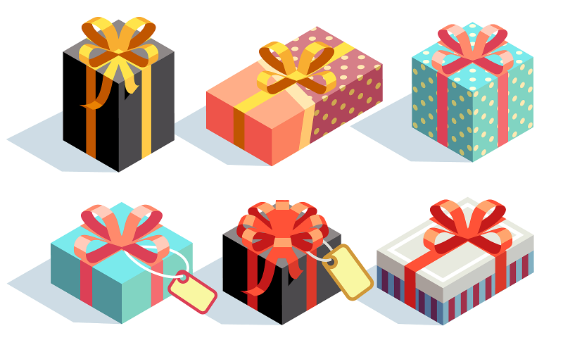 Download Vector "Present And Gift Boxes - Vector Image" / Present And Gift Boxes - Vector Image - Vector на тему графика present,gift,box,3d,vector,ribbon,bow,isometric,decoration,wrap,day,yellow,birthday,sign,elements,design,celebration,surprise,xmas,cardboard