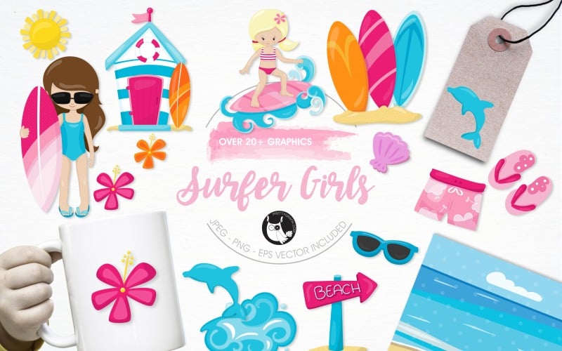 Download Vector "Surfer girls illustration pack - Vector Image" / Surfer girls illustration pack - Vector Image - Vector на тему графика illustration,vector,graphics,clipart,sun,clip art,sea,icons,waves,ocean,surfing,sunglasses,surfboard,surfer,eps,starfish,prettygrafik,girls,dolphin,shells,hibiscus,flip-flops