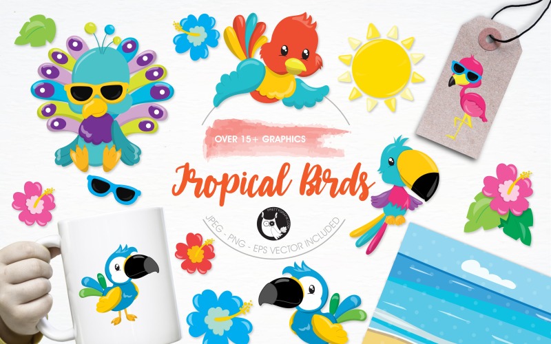 Download Vector "Tropical birds illustration pack - Vector Image" / Tropical birds illustration pack - Vector Image - Vector на тему графика illustration,flowers,vector,graphics,clipart,tropical,sun,clip art,icons,flamingo,birds,eps,prettygrafik,parrot,peacock