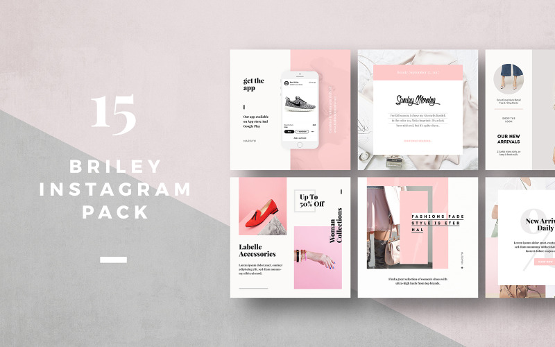 Download Шаблон для соцсетей "Briley - Fashion Instagram Pack Social Media Template" / Briley - Fashion Instagram Pack Social Media Template - Шаблон для соцсетей на тему графика clean,modern,feminine,pink,fashion,lifestyle,clothing brand,minimal,instagram,pack,templates,instagram feed,instagram pack,social media,social media pack,social media templates,fashion banner