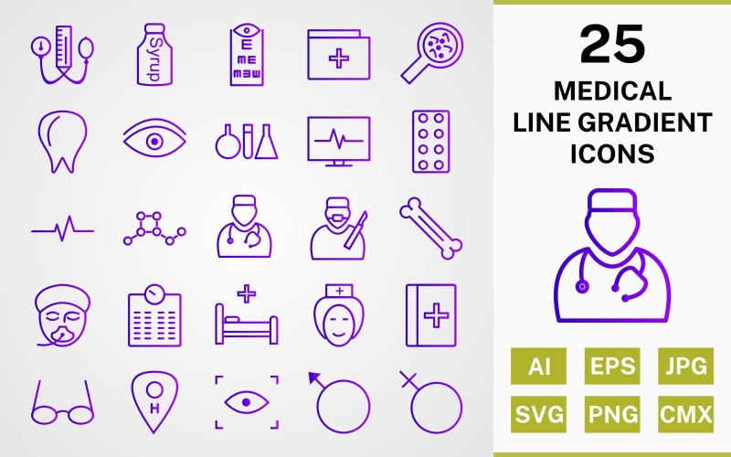 Download Набор иконок "25 MEDICAL LINE GRADIENT ICON PACK Set" / 25 MEDICAL LINE GRADIENT ICON PACK Set - Набор иконок на тему medical icon,icons,linear,set,file,line,vector,sign,symbol,pictogram,gradient,medical,doctor,nurse,bed,scan,eye test,bp apparatus,bone,tablets