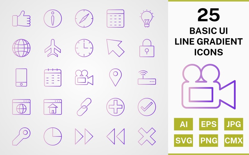 Download Набор иконок "25 BASIC UI LINE GRADIENT ICON PACK Set" / 25 BASIC UI LINE GRADIENT ICON PACK Set - Набор иконок на тему data icon,icons,linear,set,file,line,vector,sign,symbol,pictogram,gradient,basic ui,browser,wifi,homepage,location,video,lock,cursor,globe
