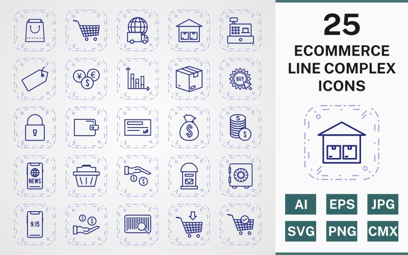 Download Набор иконок "25 ECOMMERCE LINE COMPLEX ICON PACK Set" / 25 ECOMMERCE LINE COMPLEX ICON PACK Set - Набор иконок на тему shopping icon,icons,linear,set,file,line,vector,sign,symbol,pictogram,complex,ecommerce,buy,security,tag,vault,add to cart,payment,basket,cheque