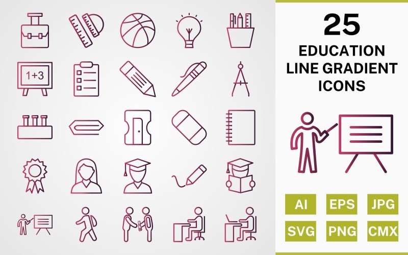 Download Набор иконок "25 EDUCATION LINE GRADIENT ICON PACK Set" / 25 EDUCATION LINE GRADIENT ICON PACK Set - Набор иконок на тему science icon,icons,linear,set,file,line,vector,sign,symbol,pictogram,gradient,education,bag,writing,teaching,reading,pen,pin,gedree,compass