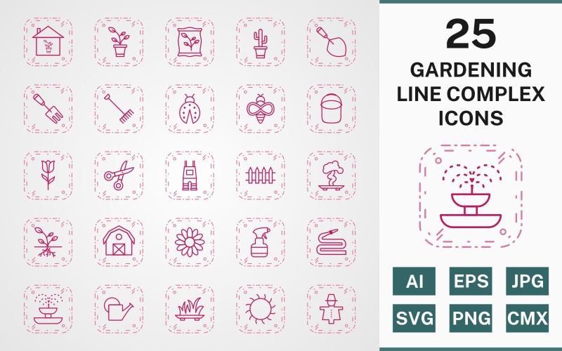 Download Набор иконок "25 GARDENING LINE COMPLEX ICON PACK Set" / 25 GARDENING LINE COMPLEX ICON PACK Set - Набор иконок на тему computer icon,icons,linear,set,file,line,vector,sign,symbol,pictogram,complex,gardening,sprout,pail,hose,barn,root,grass,watercan,trowel
