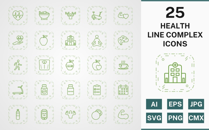 Download Набор иконок "25 HEALTH LINE COMPLEX ICON PACK Set" / 25 HEALTH LINE COMPLEX ICON PACK Set - Набор иконок на тему food icon,icons,linear,set,file,line,vector,sign,symbol,pictogram,complex,health,yoga,salad,heart beat,walking,body,hospital,apple,healthy food