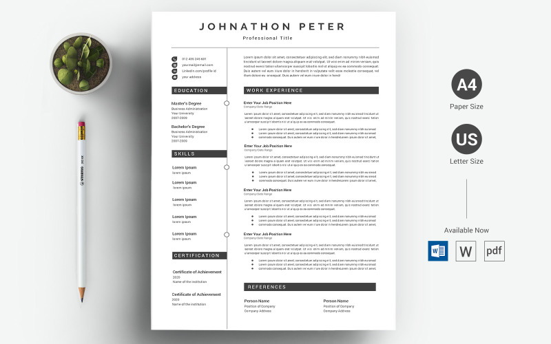 Download Резюме "Johnathon Peter - CV &amp; Resume Template" / Johnathon Peter - CV &amp; Resume Template - Резюме на тему графика minimal,clean,black,resume,bright,cv,cover  letter,creative,curriculum  vitae,design,template,docx,editable,elegant,job,word,modern,a4,blue,corporate
