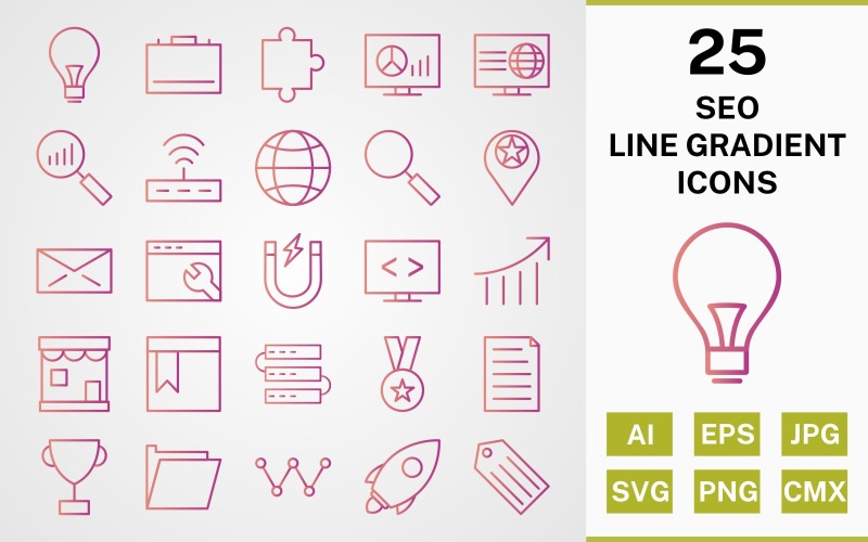 Download Набор иконок "25 SEO LINE GRADIENT ICON PACK Set" / 25 SEO LINE GRADIENT ICON PACK Set - Набор иконок на тему business icon,icons,linear,set,file,line,vector,sign,symbol,pictogram,gradient,seo,bulb,search,web,launch,award,servers,webpage,folder