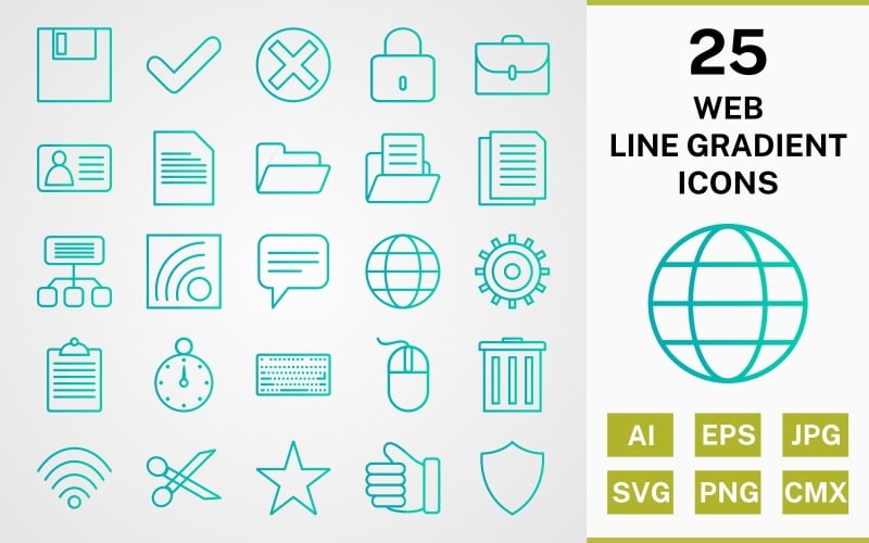 Download Набор иконок "25 WEB LINE GRADIENT ICON PACK Set" / 25 WEB LINE GRADIENT ICON PACK Set - Набор иконок на тему maps icon,icons,linear,set,file,line,vector,sign,symbol,pictogram,gradient,web,sitemap,save,valid,cancel,documents,golbe,settings,wifi