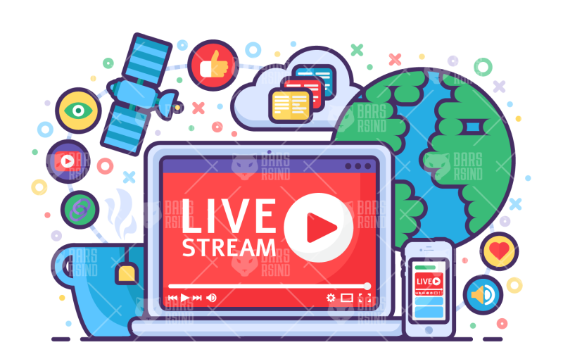 Download Vector "Live Stream Concept Illustration - Vector Image" / Live Stream Concept Illustration - Vector Image - Vector на тему графика live,stream,broadcast,information,button,streaming,player,online,cloud,phone,technology,satellite,internet,world,viewing,play,channel,like,mug,modern