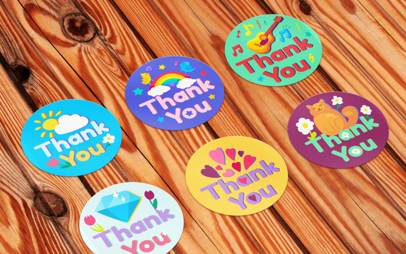 thank you stickers set contains 6 cartoons cute round labels with text