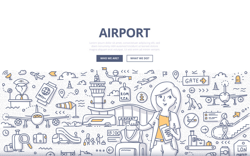 Download Vector "Airport Doodle Concept - Vector Image" / Airport Doodle Concept - Vector Image - Vector на тему графика vector,woman,travel,airplane,airport,plane,trip,transportation,terminal,check in,journey,doodle,transport,luggage,concept,tourist,baggage,departure,passenger,passport control